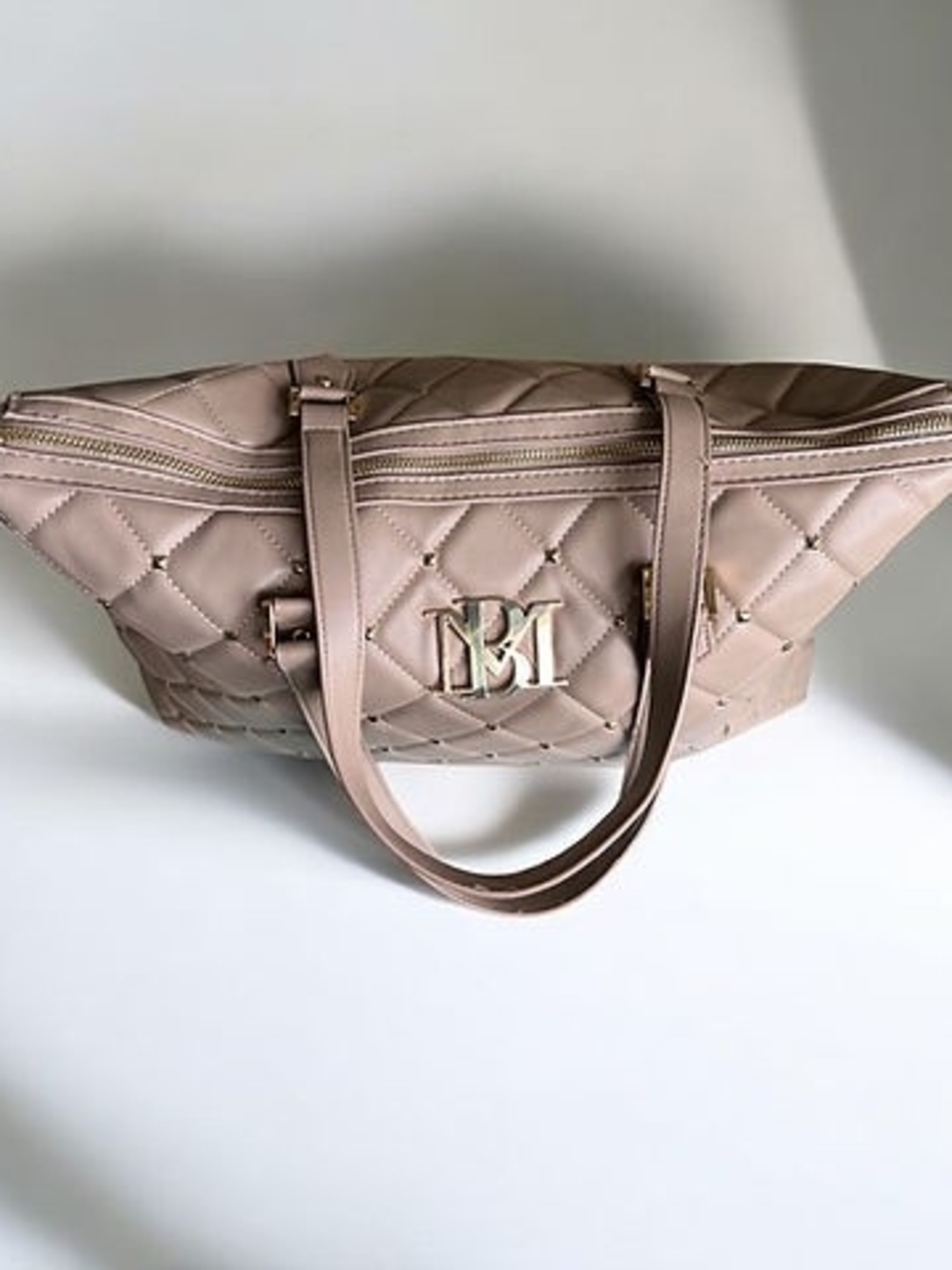 Badgley Mischka Quilted Taupe Tote with Gold Hardware - Picture 2 of 8